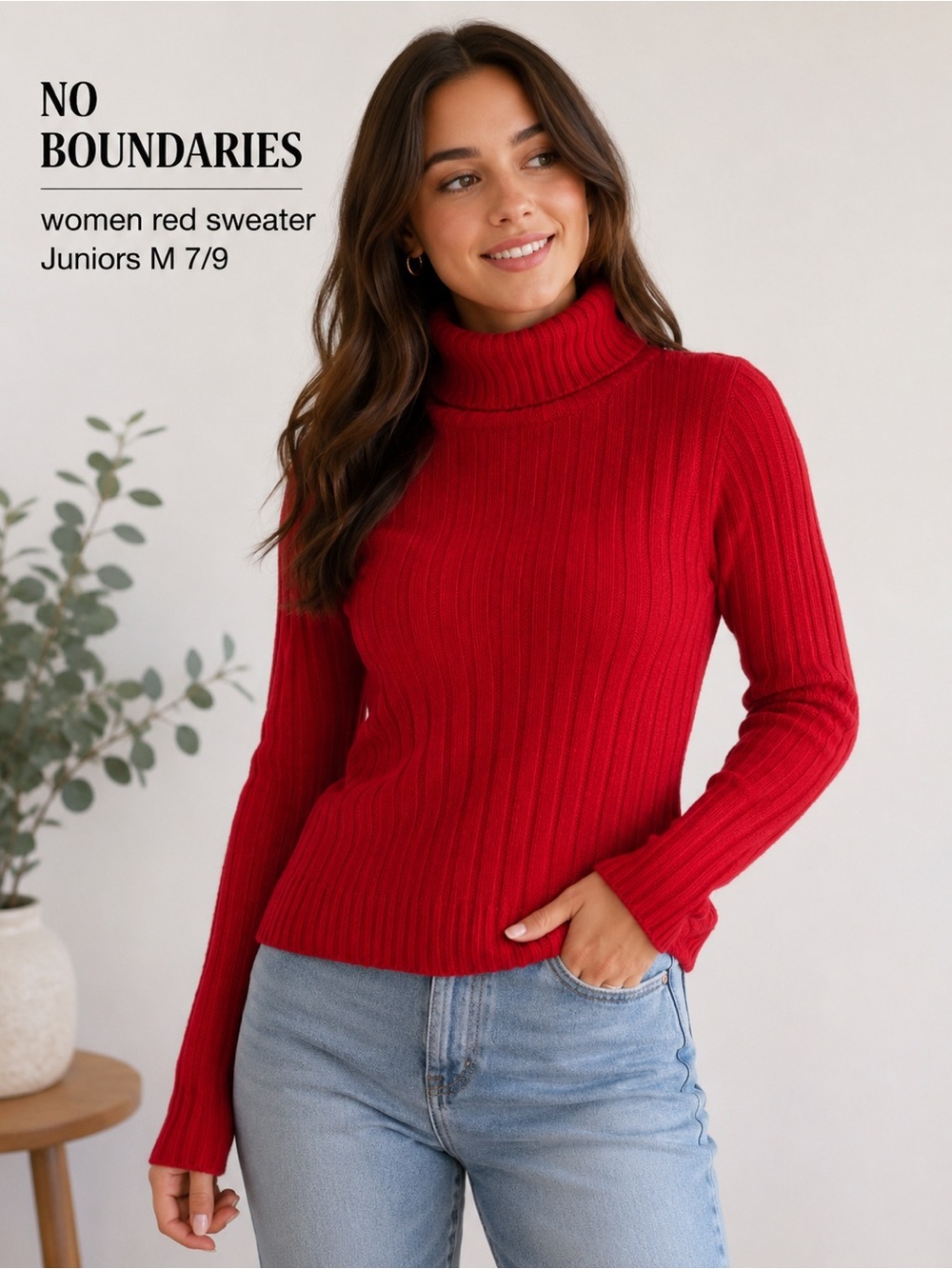 No Boundaries Red Ribbed Turtleneck cozy Sweater Juniors M 7/9 Soft Stretch Knit